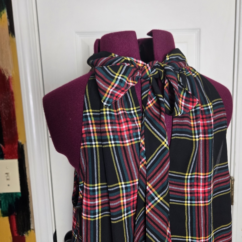 J. Crew Tartan Plaid Fall Black Red Sleeveless Bow Back Blouse Size 6